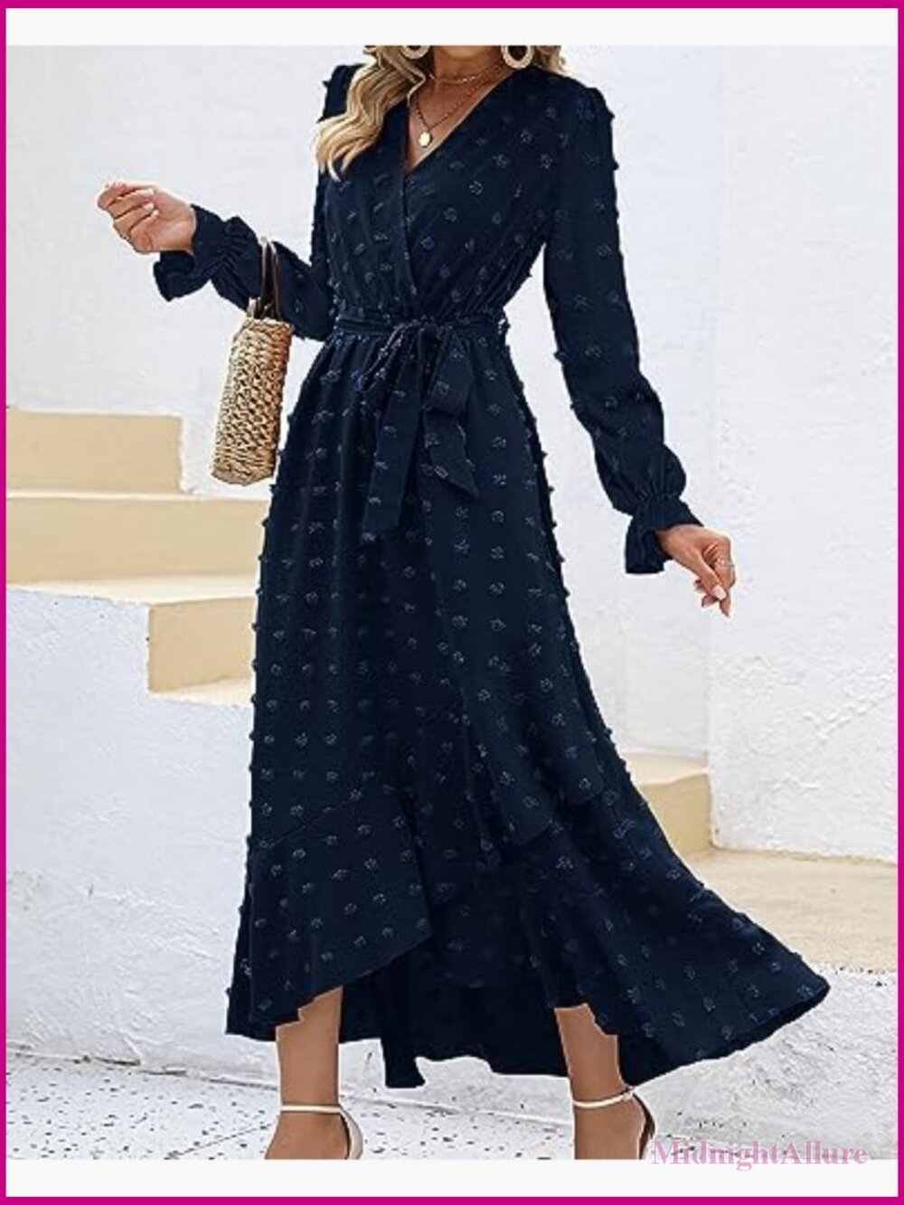 Long Sleeve Maxi Dress Swiss Dot Boho Flowy A-Line Wrap V-Neck - Picture 4 of 7